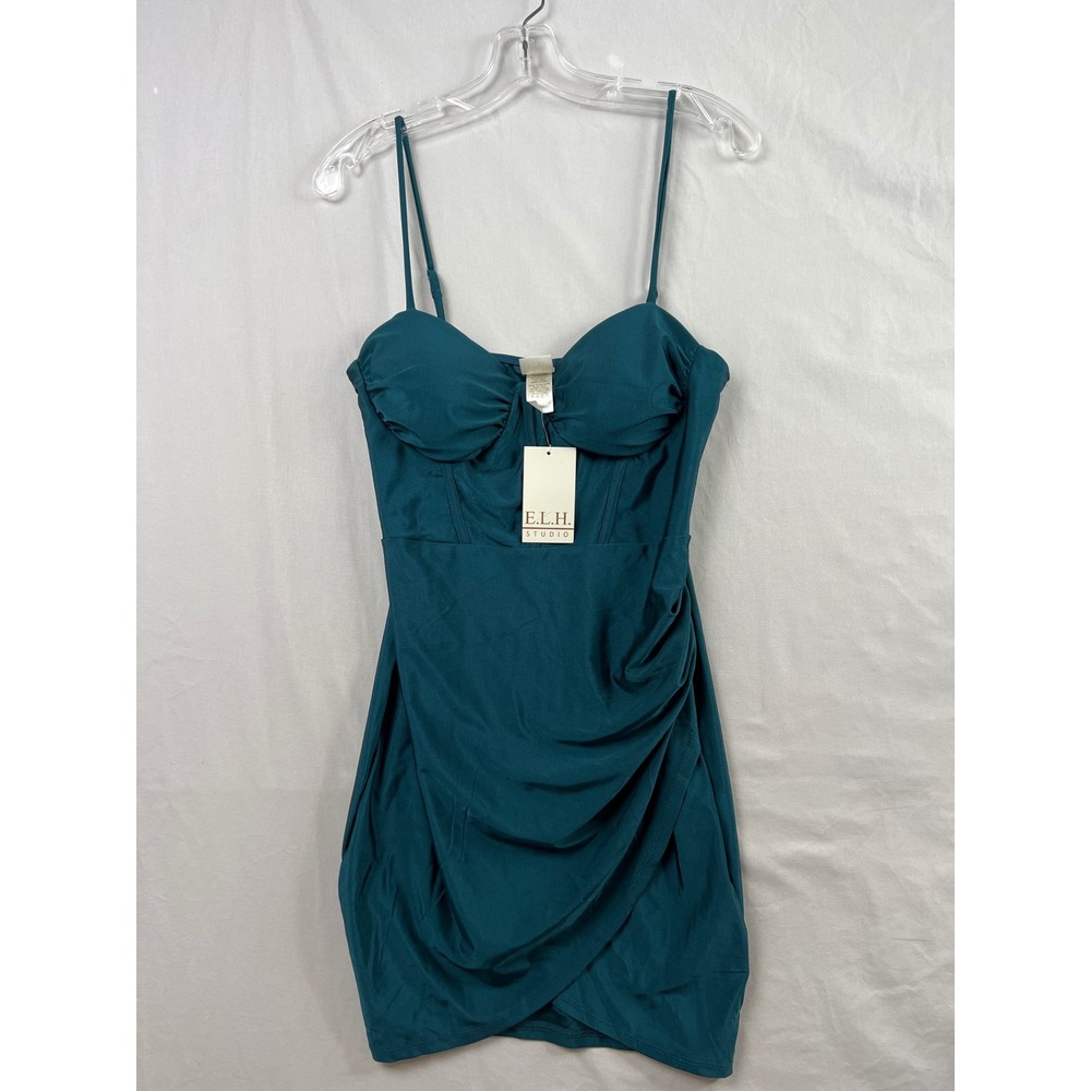 E.L.H. Studio Mini Slip Dress Womens L Green Corset Draped Bodycon Sweetheart